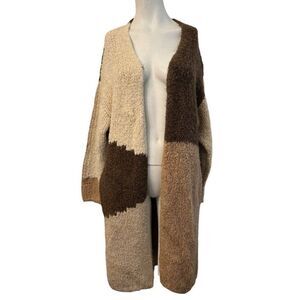 Womens M Duster Brown Colorblock Cardigan Sweater Soft Wool Blend Open Front